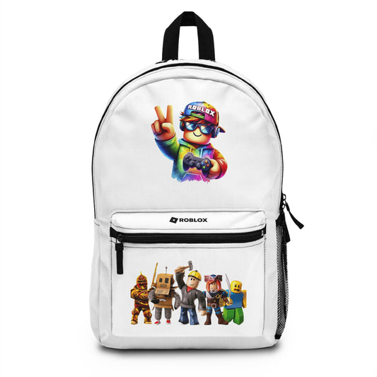 Front view of white personalized Roblox backpack with gamer design at dobermenpremier.com