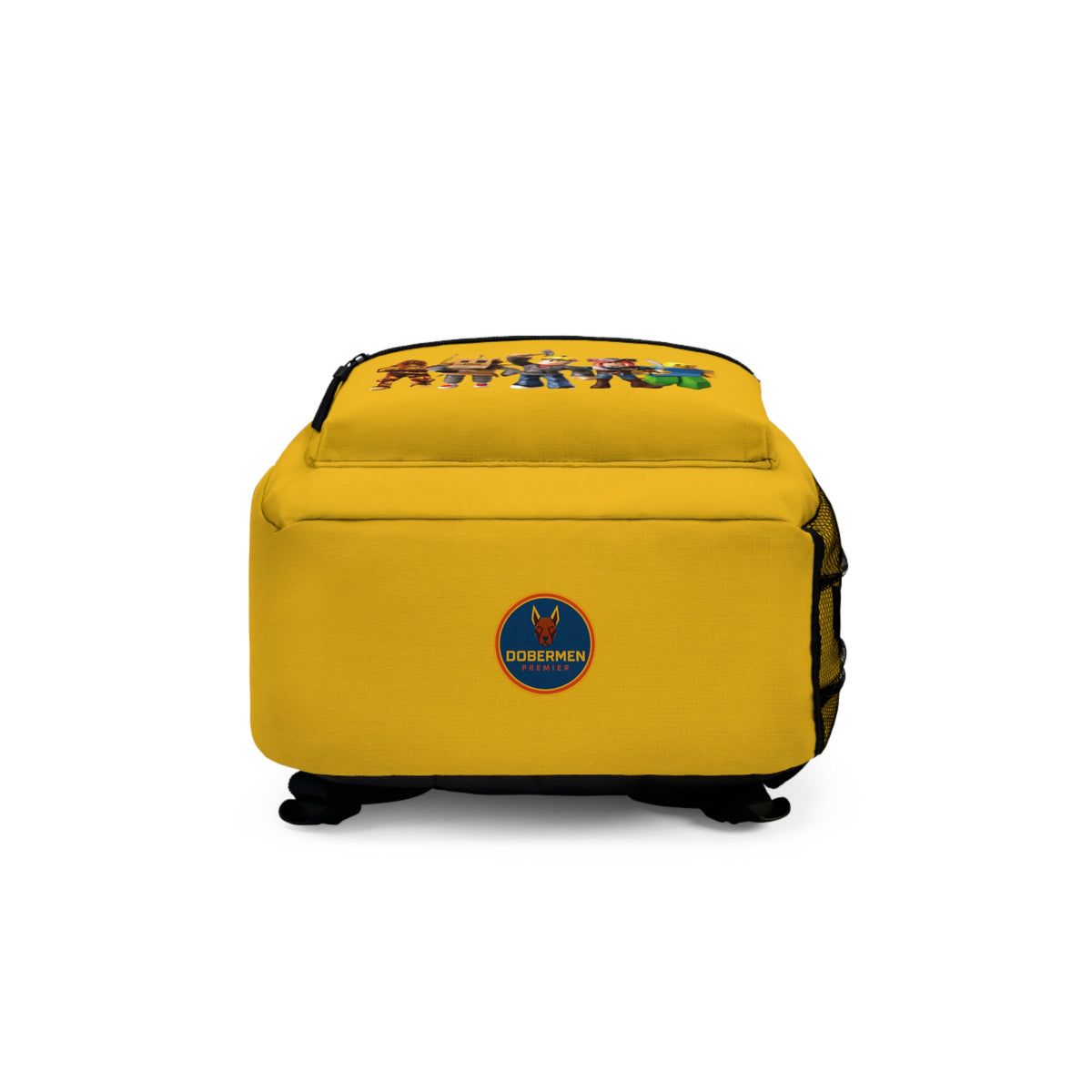 Bottom view of yellow Roblox backpack with Dobermen Premier logo at dobermenpremier.com