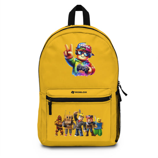 Front view of yellow personalized Roblox backpack with gamer design at dobermenpremier.com