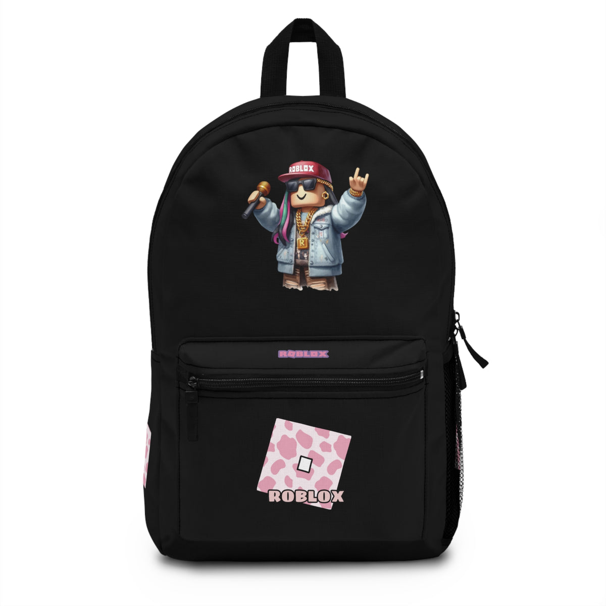 Front view of black personalized Roblox girls school bag with gamer design at dobermenpremier.com