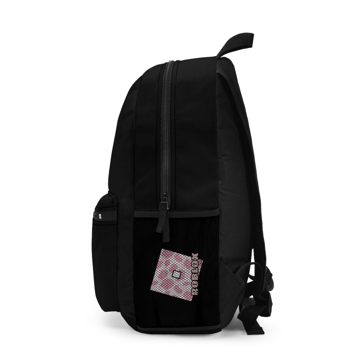Side view of black Roblox girls school bag showing mesh pocket and logo at dobermenpremier.com