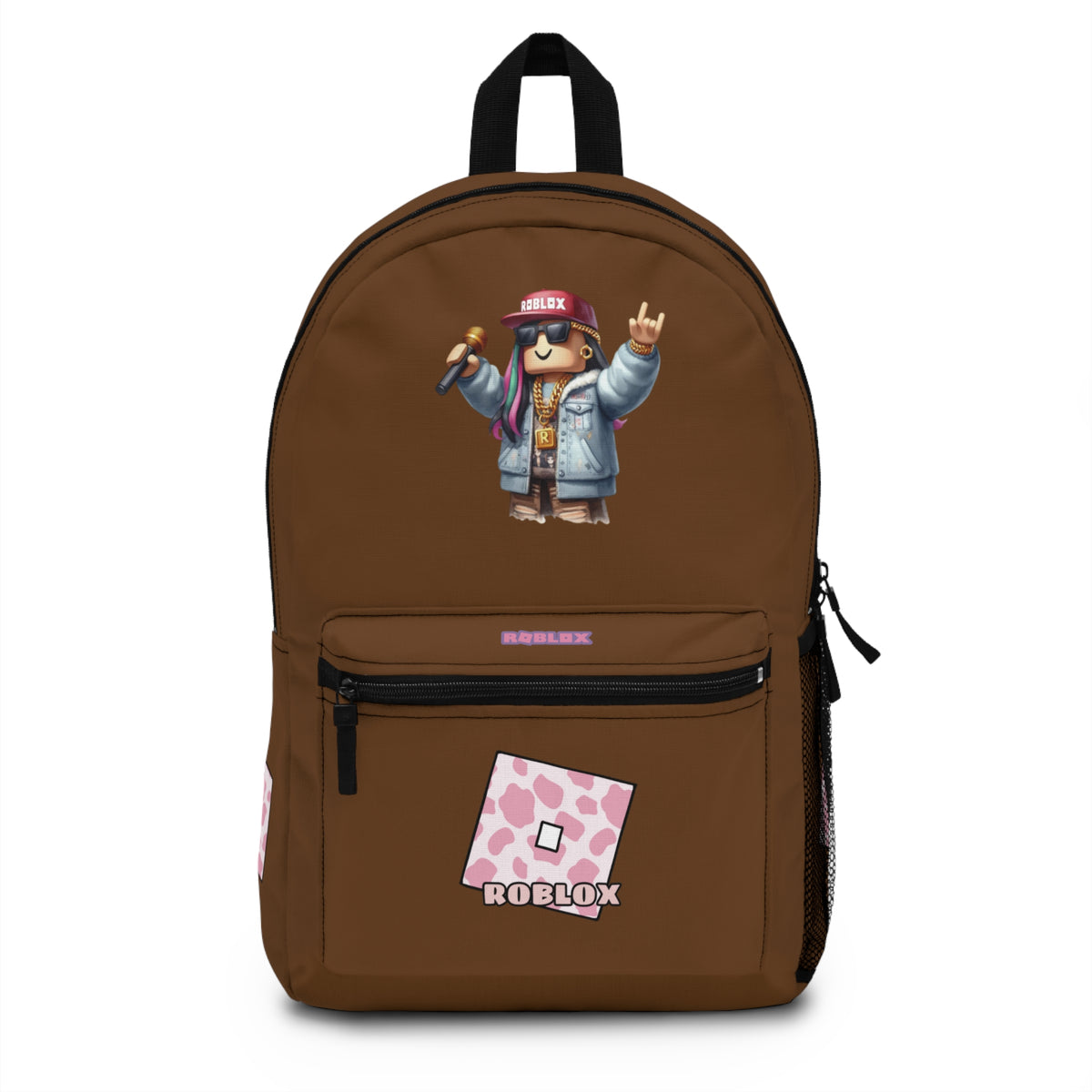 Front view of brown personalized Roblox girls school bag with gamer design at dobermenpremier.com
