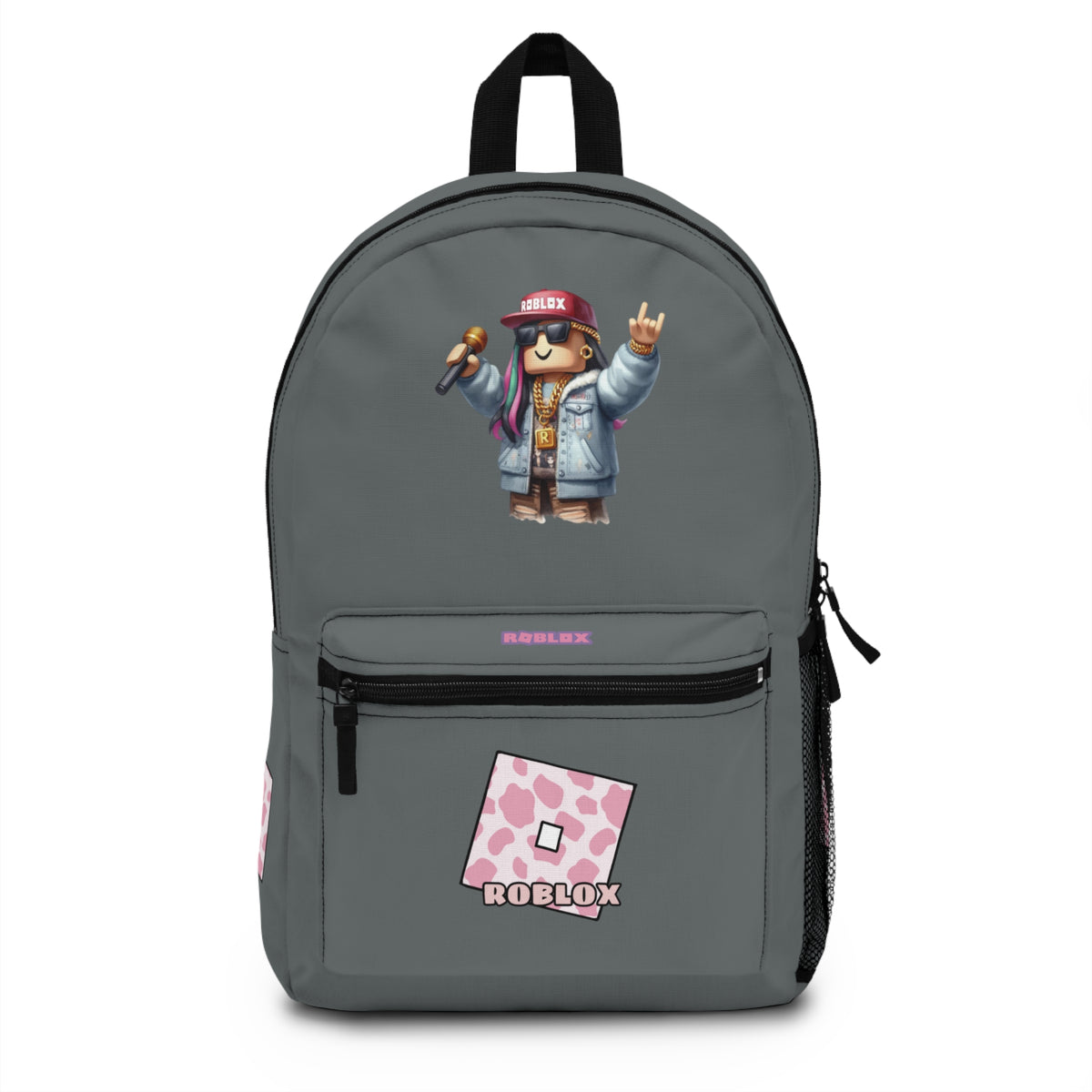 Front view of dark grey personalized Roblox girls school bag with gamer design at dobermenpremier.com