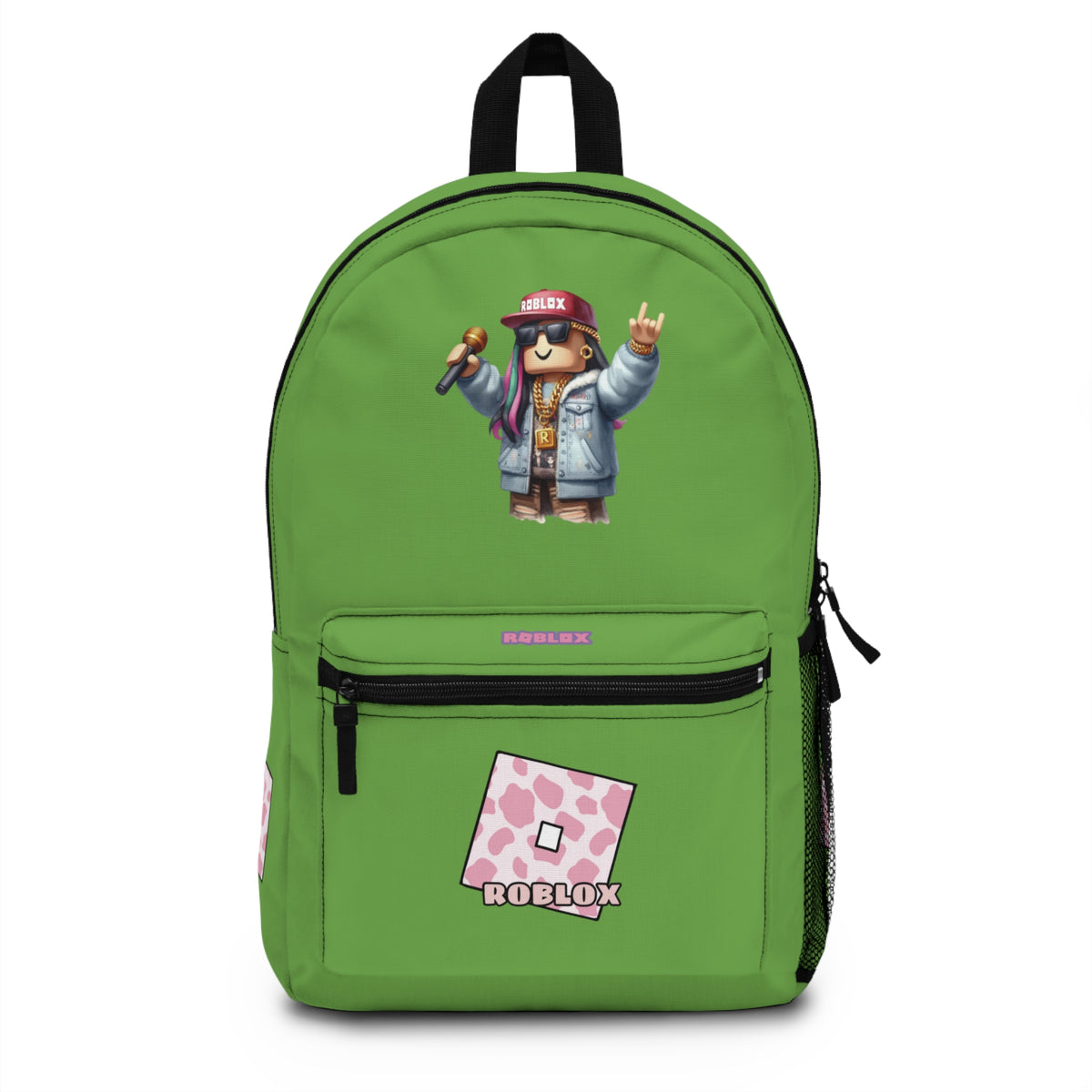 Front view of green personalized Roblox girls school bag with gamer design at dobermenpremier.com