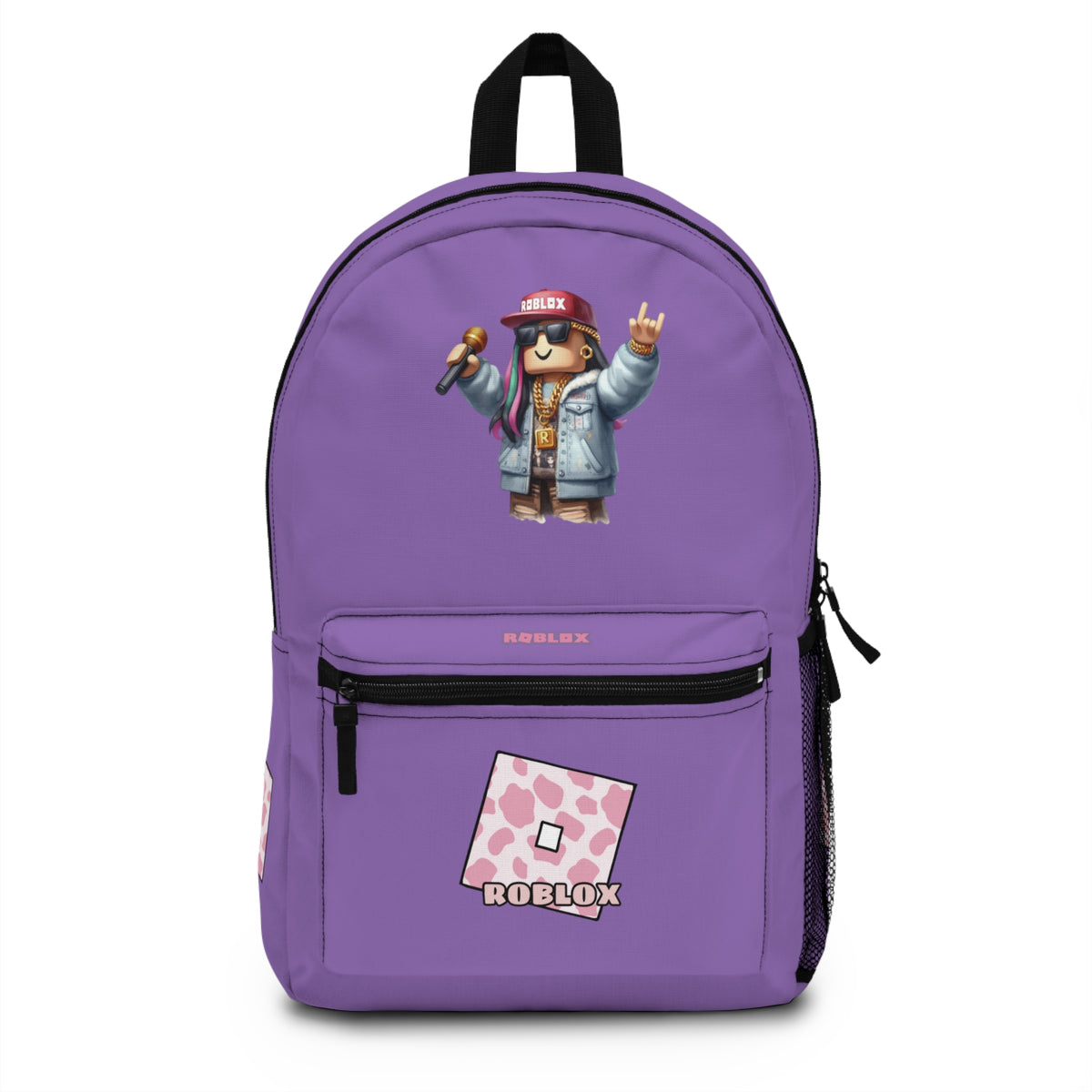 Front view of light purple personalized Roblox girls school bag with gamer desig