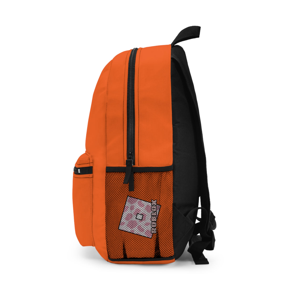 Side view of orange Roblox girls school bag showing mesh pocket and logo at dobermenpremier.com