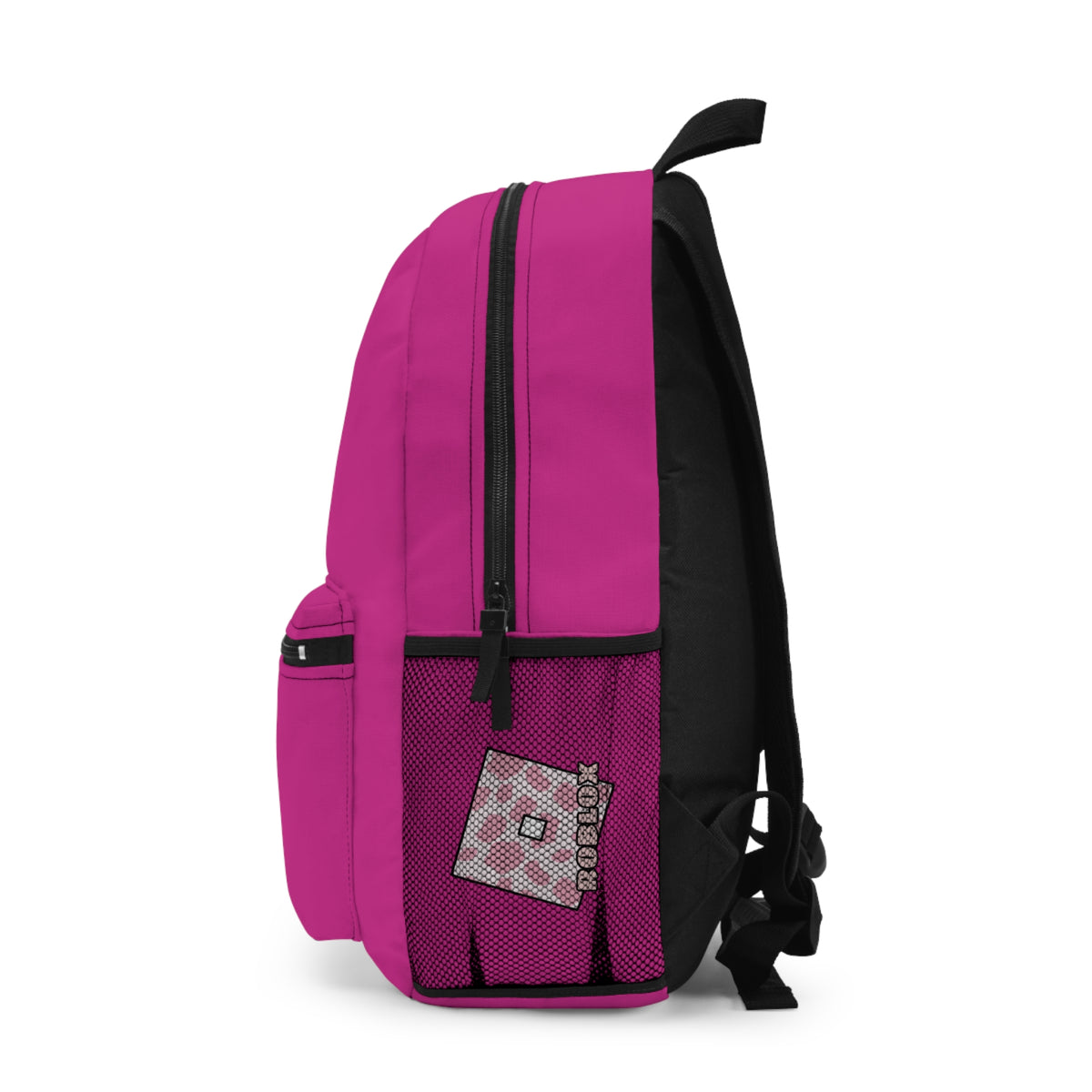 Side view of pink Roblox girls school bag showing mesh pocket and logo at dobermenpremier.com
