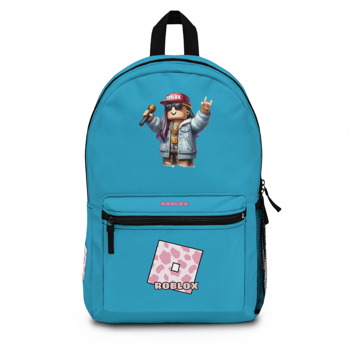 Front view of turquoise personalized Roblox girls school bag with gamer design at dobermenpremier.com