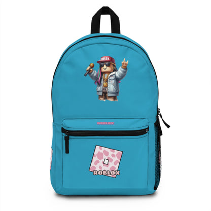 Front view of turquoise personalized Roblox girls school bag with gamer design at dobermenpremier.com