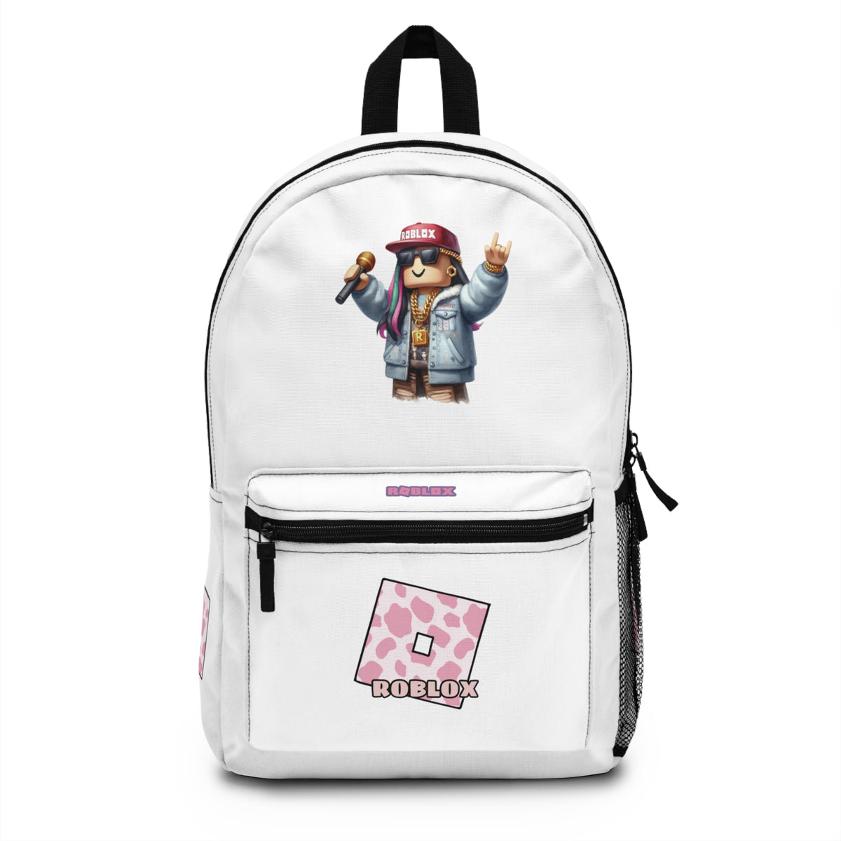 Front view of white personalized Roblox girls school bag with gamer design at dobermenpremier.com