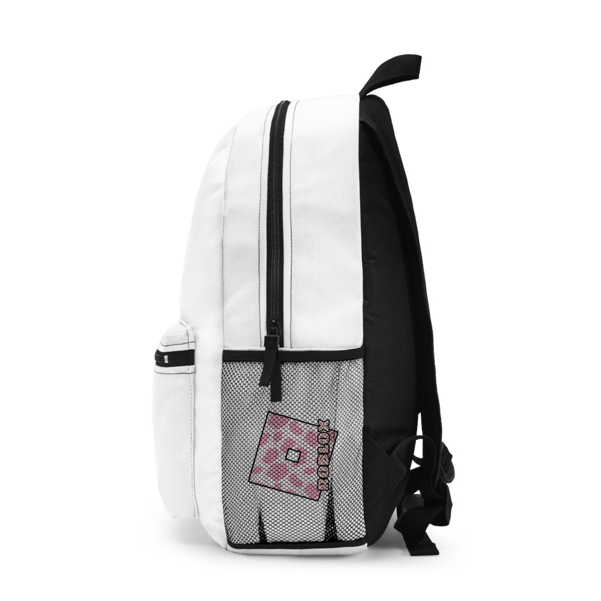 Side view of white Roblox girls school bag showing mesh pocket and logo at dobermenpremier.com