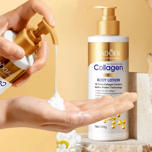 Person applying the creamy white texture of SADOER Collagen Body Lotion to their hand for hydration.