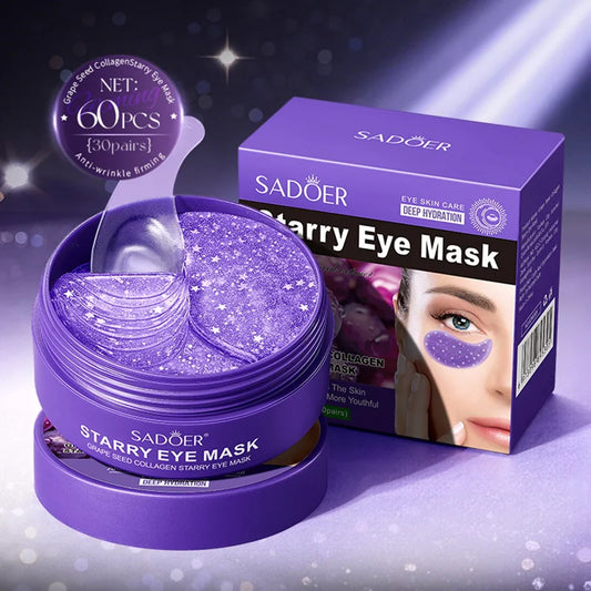 Jar of 60 purple SADOER starry eye patches with crystal collagen and grape seed extract for anti-aging care.