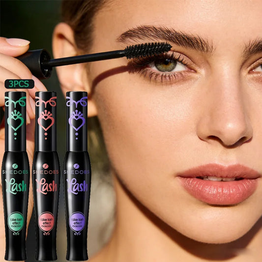 Woman applying SHEDOES curling mascara with a 3-pack product shot showing the different decorative tube designs.