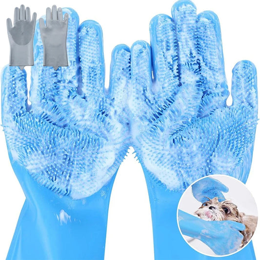 Pair of blue silicone hair removal gloves with soapy suds showing a dog being cleaned in the corner.