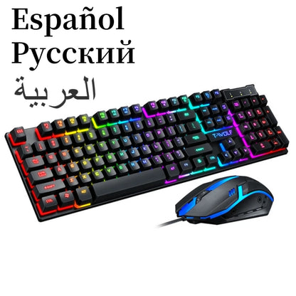 Close up of the T-WOLF RGB backlit keyboard and ergonomic gaming mouse with international layouts.