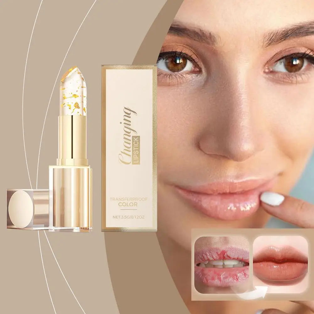 Luxury gold foil color changing lipstick tube and decorative box on a gold-flecked background.