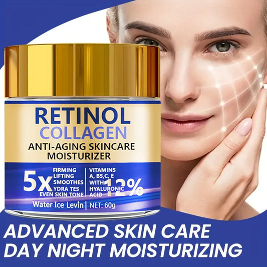 Woman showing firming and lifting results after using Water Ice Levin Retinol and Collagen anti-aging day and night moisturizer.